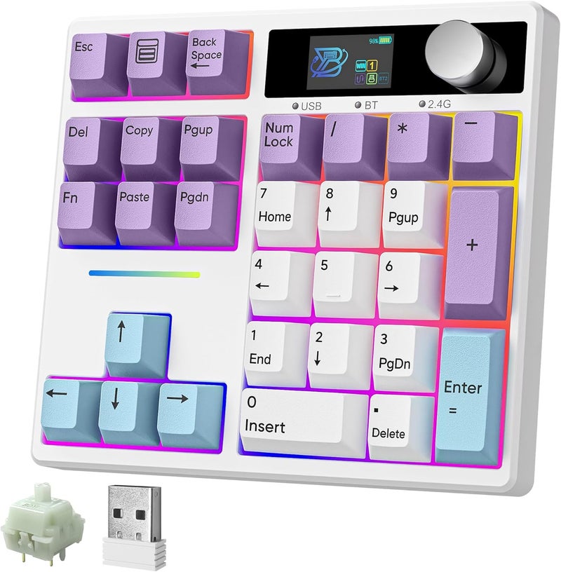 Boyi TD31Pro Mechanical Number Pad,Bluetooth5.0/2.4G/Type-C Wireless Numeric Keypad,RGB HotSwap Numpad with Screen&Knob,PBT Keycap Rechargeable Gasket Number keypad for PC Laptop Desktop(White-Purple) - Image 1